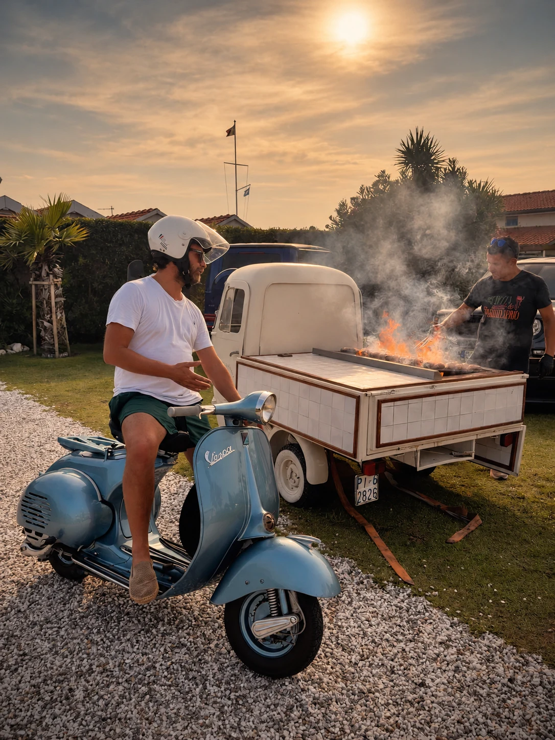 The blue Vespa VB1 in Versilia: a rider beside an outdoor summer barbecue.