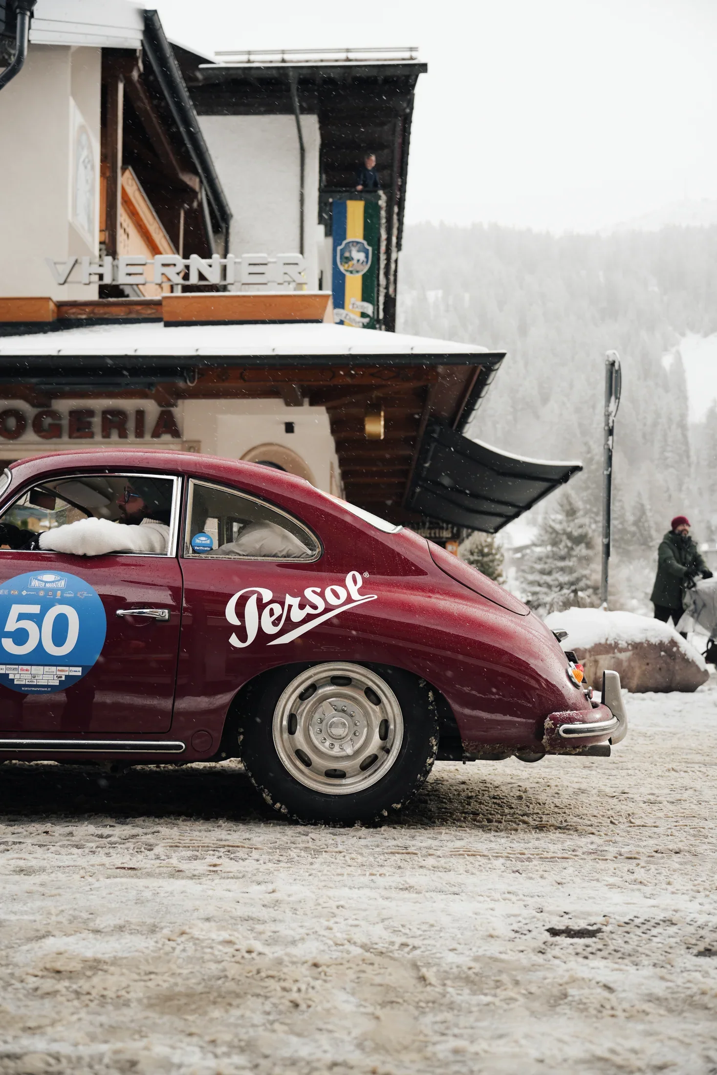 The Porsche 356 in Madonna di Campiglio during Winter Marathon.