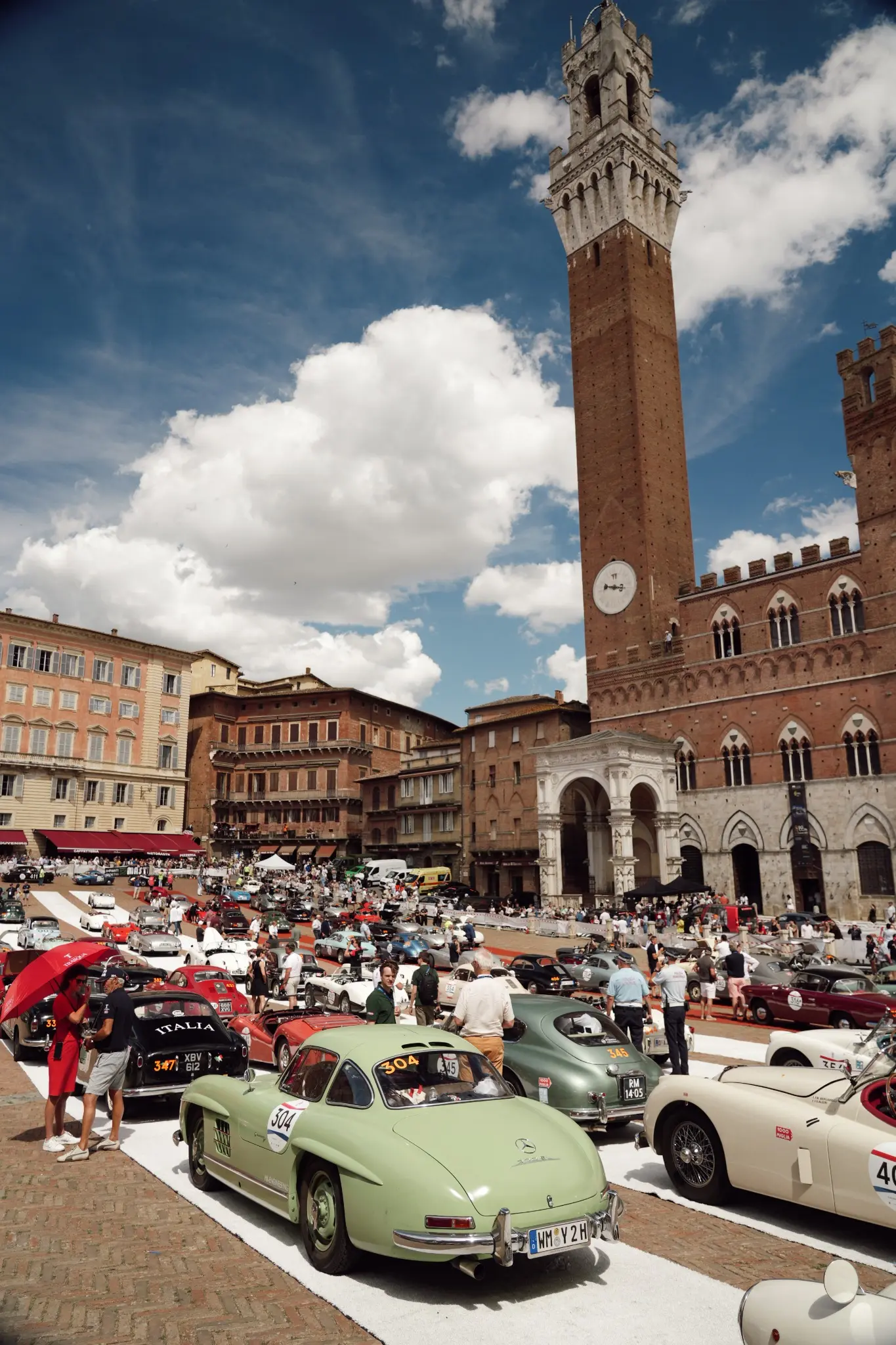 Historic cars gathered in Piazza del Campo, Siena during the latest 1000 Miglia