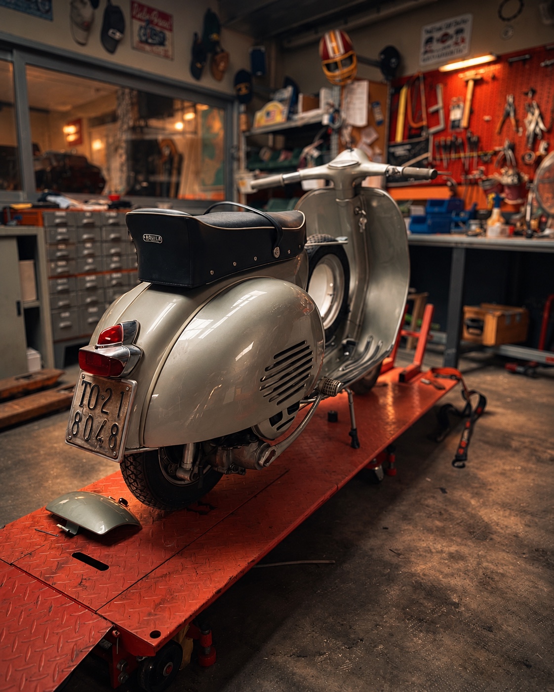 Vintage Vespa in a workshop